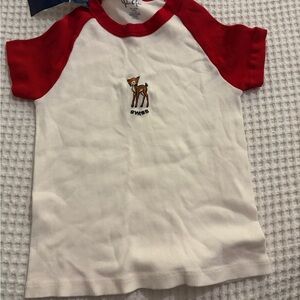 Brandy Melville White Raglan Tee with Red Sleeves and Deer Embroidery
